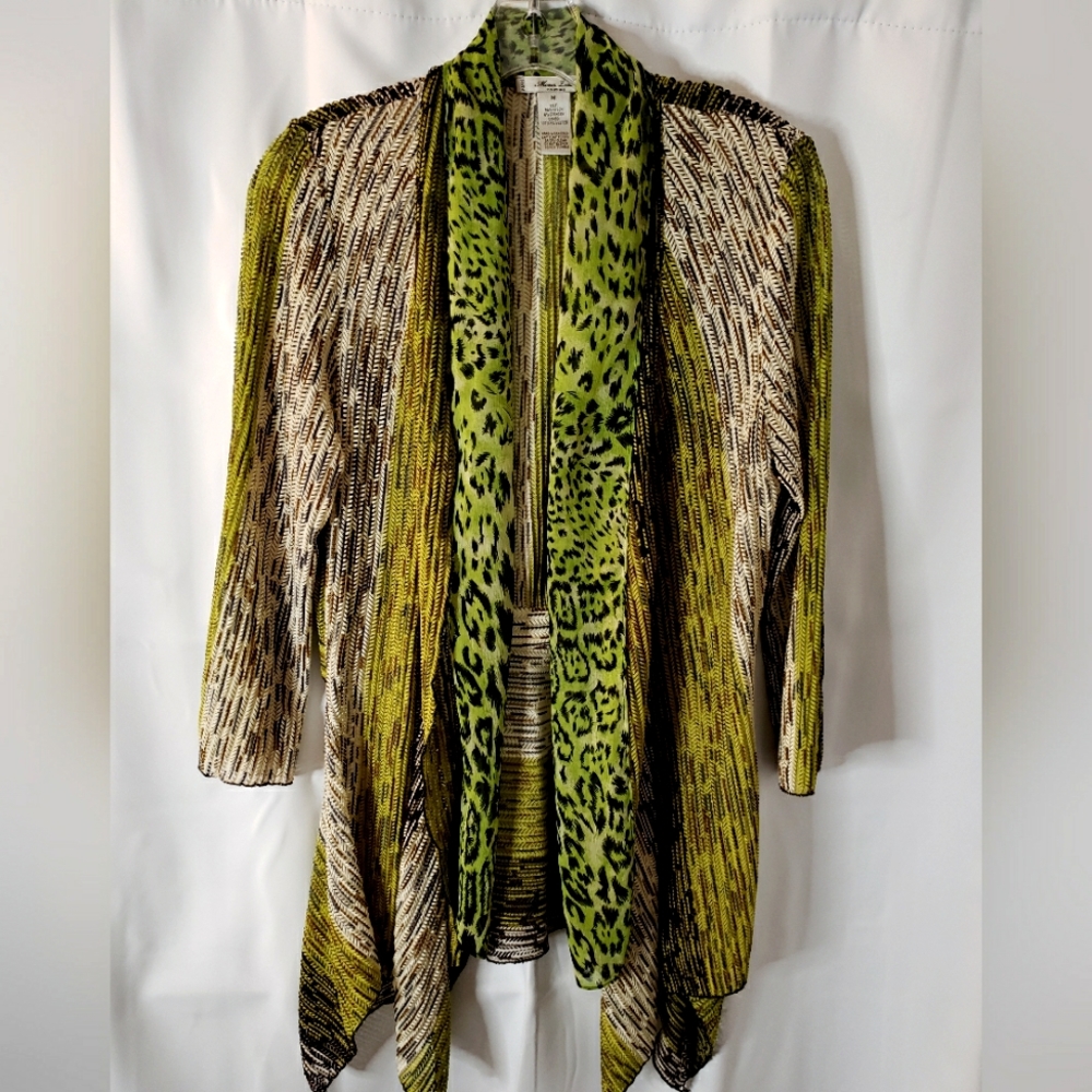 Mona Leah Couture Womens Cardigan Green Brown Ivory  Sweater Drape Front Sz Med
